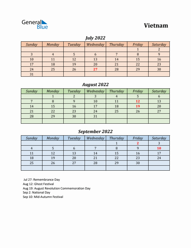 Q3 2022 Holiday Calendar - Vietnam