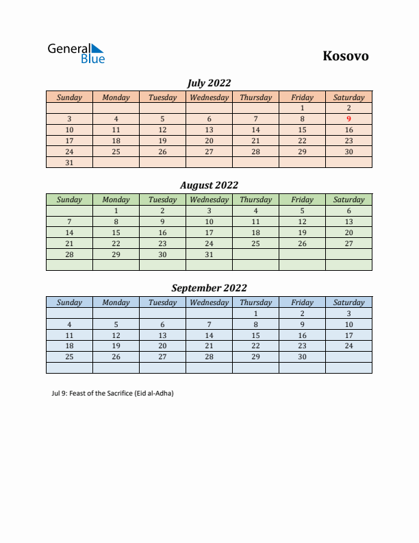 Q3 2022 Holiday Calendar - Kosovo