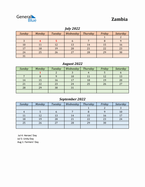 Q3 2022 Holiday Calendar - Zambia