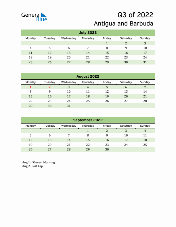 Quarterly Calendar 2022 with Antigua and Barbuda Holidays