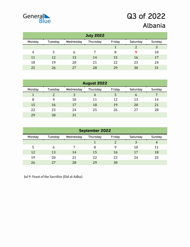 Quarterly Calendar 2022 with Albania Holidays