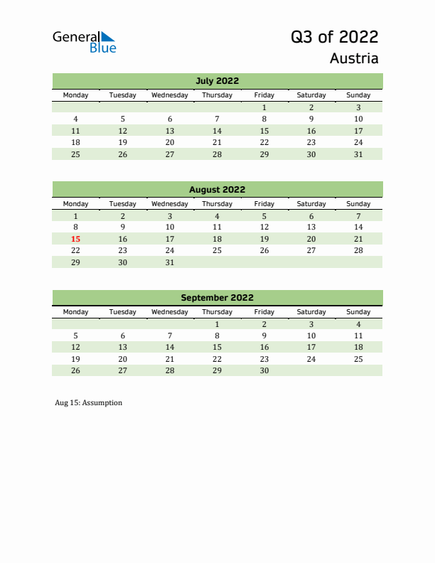 Quarterly Calendar 2022 with Austria Holidays