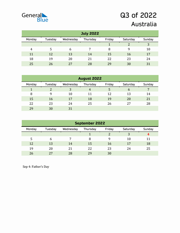 Quarterly Calendar 2022 with Australia Holidays