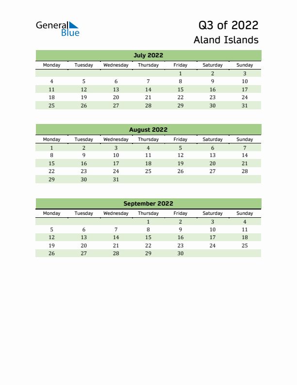 Quarterly Calendar 2022 with Aland Islands Holidays