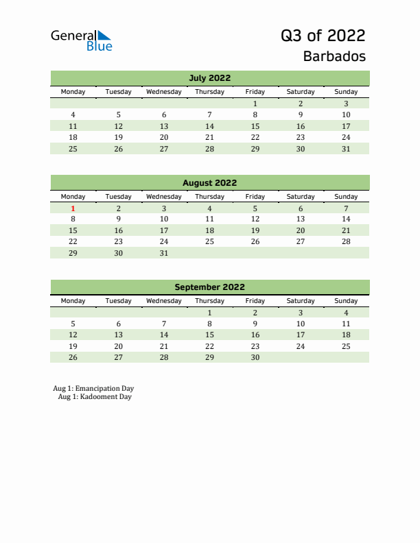 Quarterly Calendar 2022 with Barbados Holidays