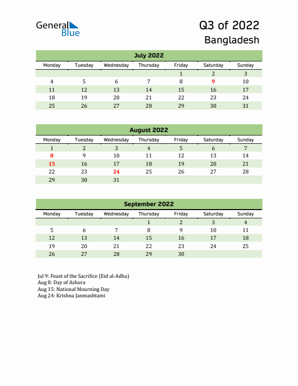 Quarterly Calendar 2022 with Bangladesh Holidays