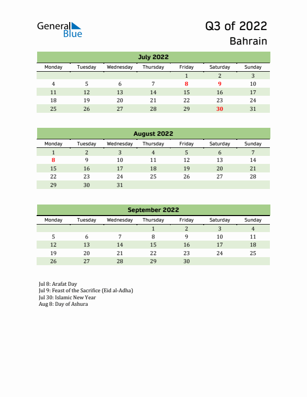 Quarterly Calendar 2022 with Bahrain Holidays