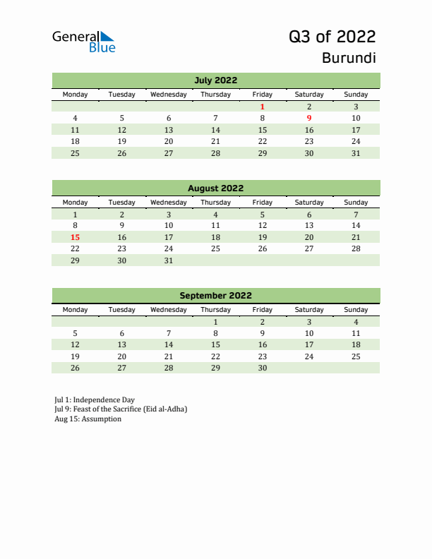 Quarterly Calendar 2022 with Burundi Holidays