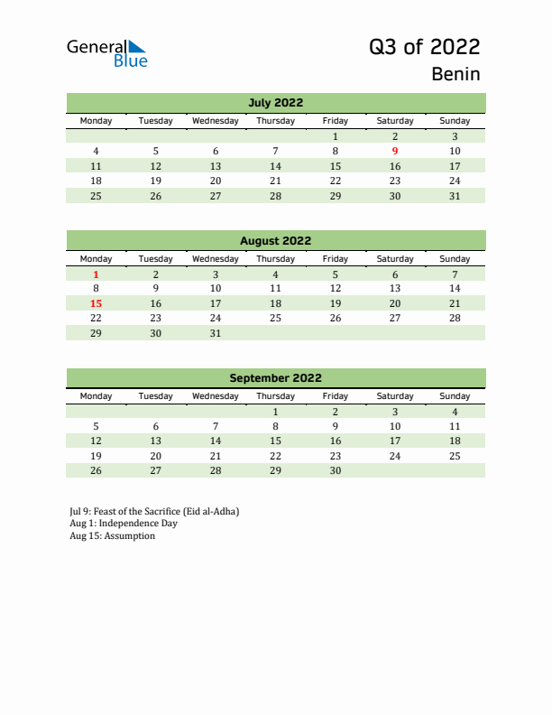 Quarterly Calendar 2022 with Benin Holidays