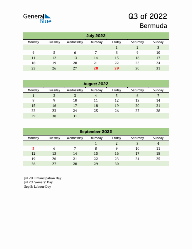 Quarterly Calendar 2022 with Bermuda Holidays