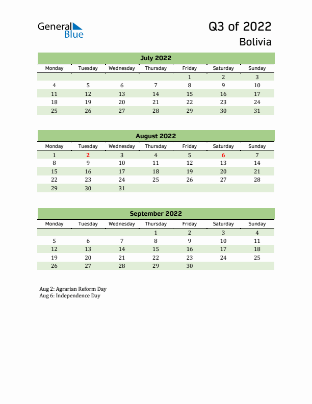 Quarterly Calendar 2022 with Bolivia Holidays