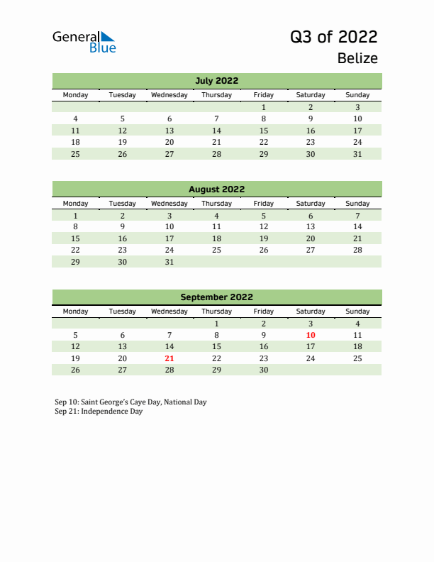 Quarterly Calendar 2022 with Belize Holidays