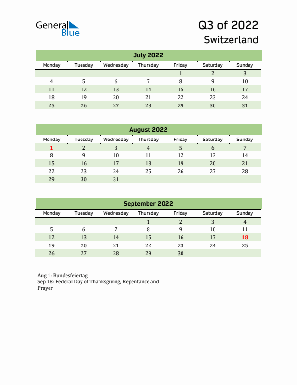 Quarterly Calendar 2022 with Switzerland Holidays