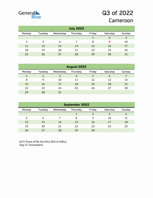 Quarterly Calendar 2022 with Cameroon Holidays