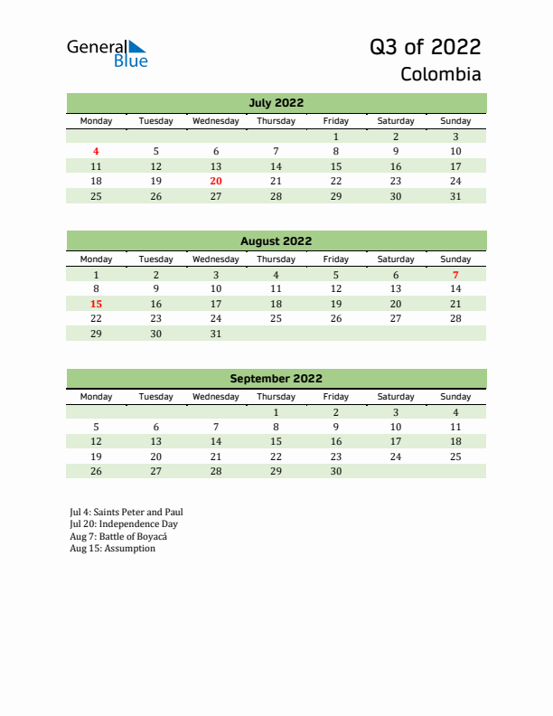 Quarterly Calendar 2022 with Colombia Holidays