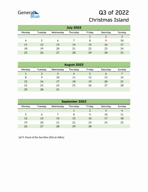 Quarterly Calendar 2022 with Christmas Island Holidays