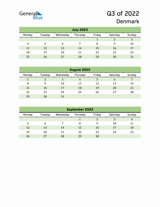 Quarterly Calendar 2022 with Denmark Holidays