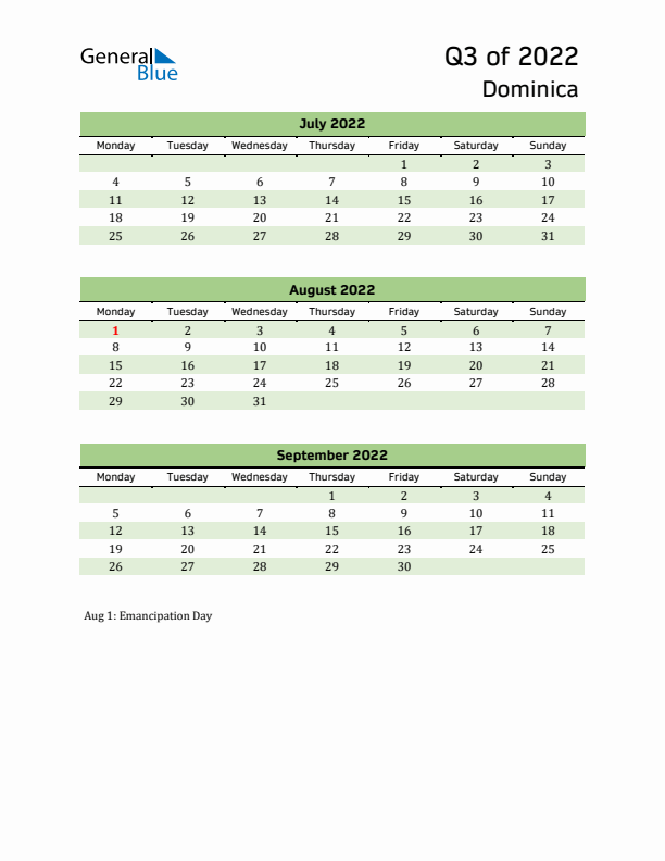 Quarterly Calendar 2022 with Dominica Holidays