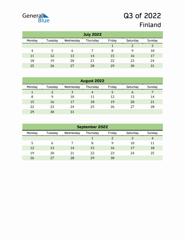 Quarterly Calendar 2022 with Finland Holidays