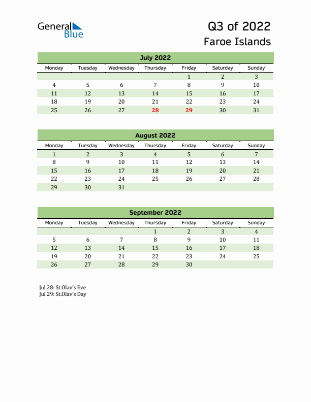 Quarterly Calendar 2022 with Faroe Islands Holidays