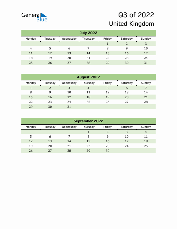 Quarterly Calendar 2022 with United Kingdom Holidays