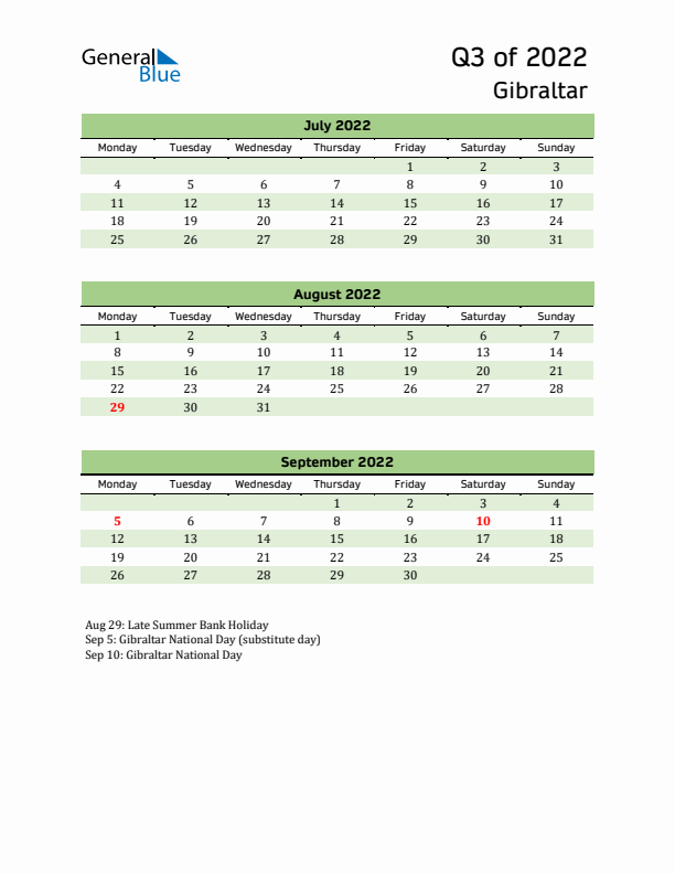 Quarterly Calendar 2022 with Gibraltar Holidays