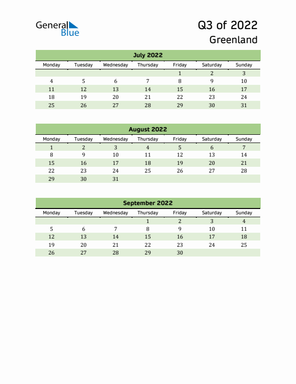 Quarterly Calendar 2022 with Greenland Holidays