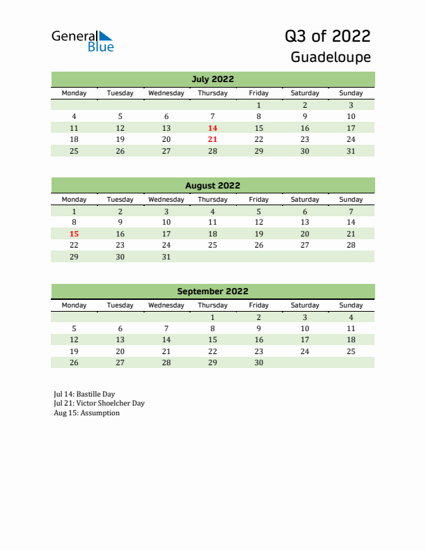 Quarterly Calendar 2022 with Guadeloupe Holidays