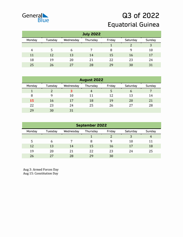 Quarterly Calendar 2022 with Equatorial Guinea Holidays