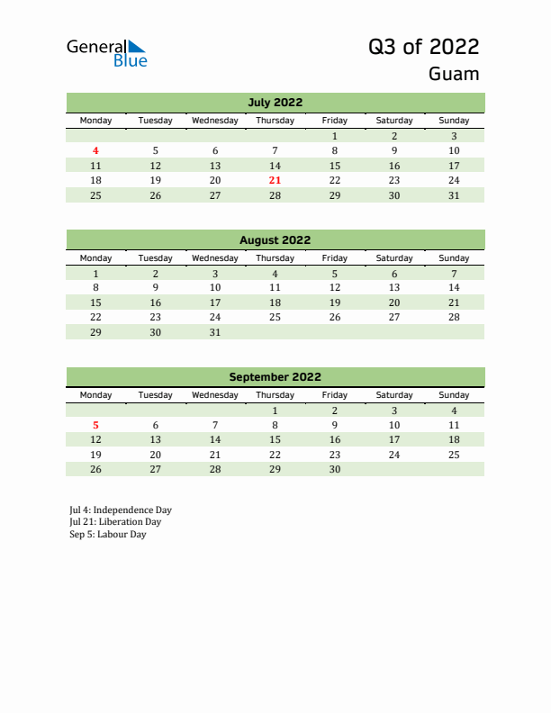 Quarterly Calendar 2022 with Guam Holidays