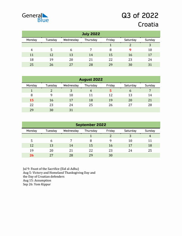 Quarterly Calendar 2022 with Croatia Holidays