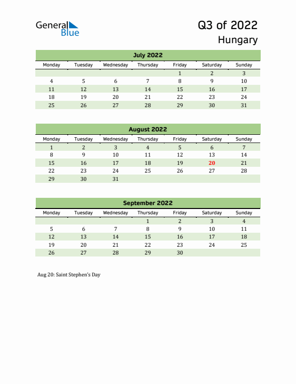 Quarterly Calendar 2022 with Hungary Holidays