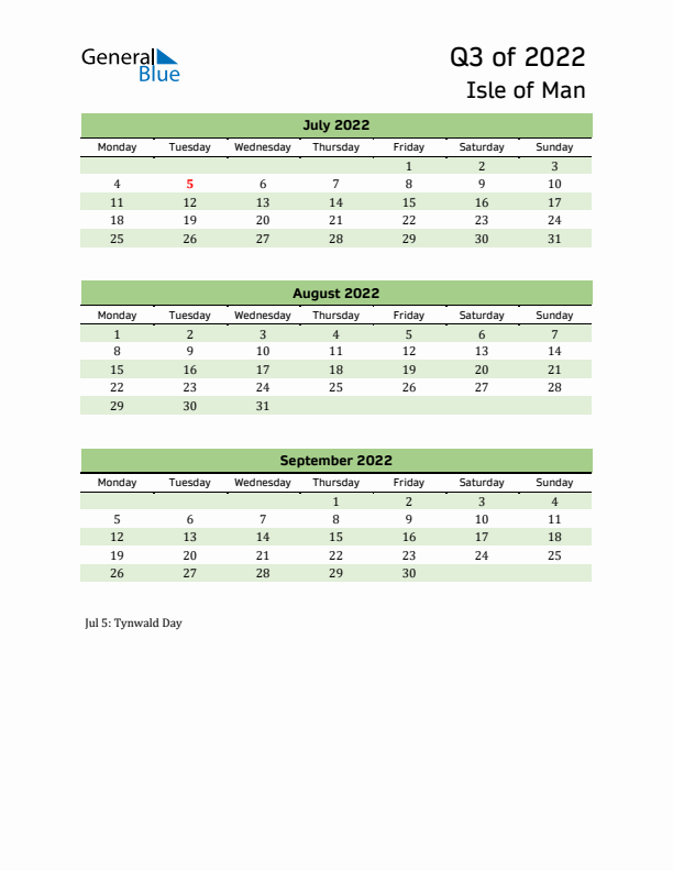 Quarterly Calendar 2022 with Isle of Man Holidays