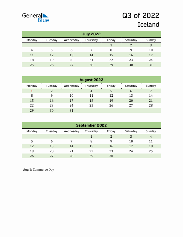 Quarterly Calendar 2022 with Iceland Holidays