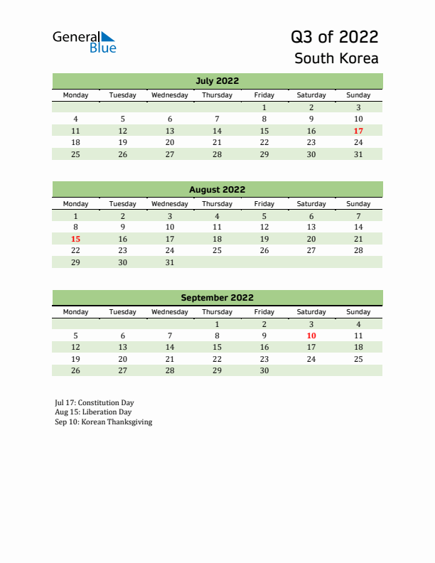 Quarterly Calendar 2022 with South Korea Holidays