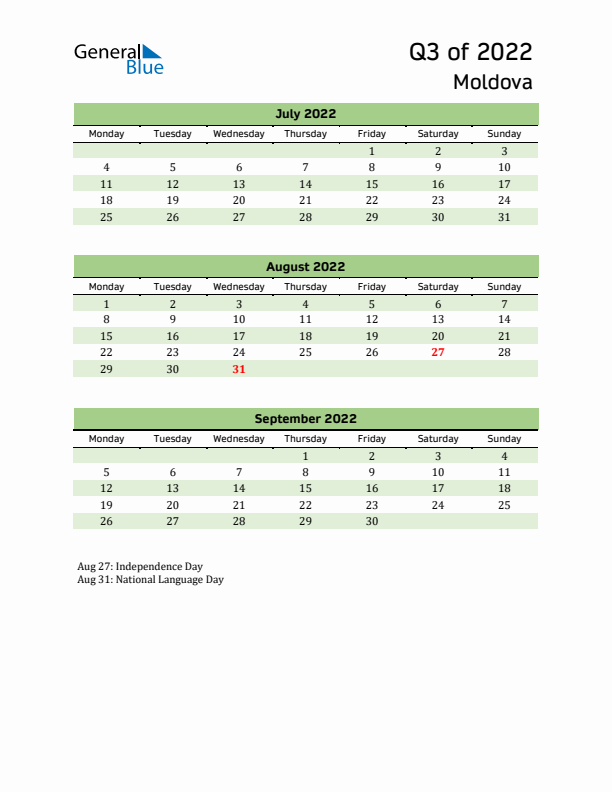 Quarterly Calendar 2022 with Moldova Holidays