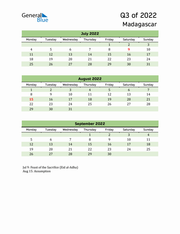 Quarterly Calendar 2022 with Madagascar Holidays