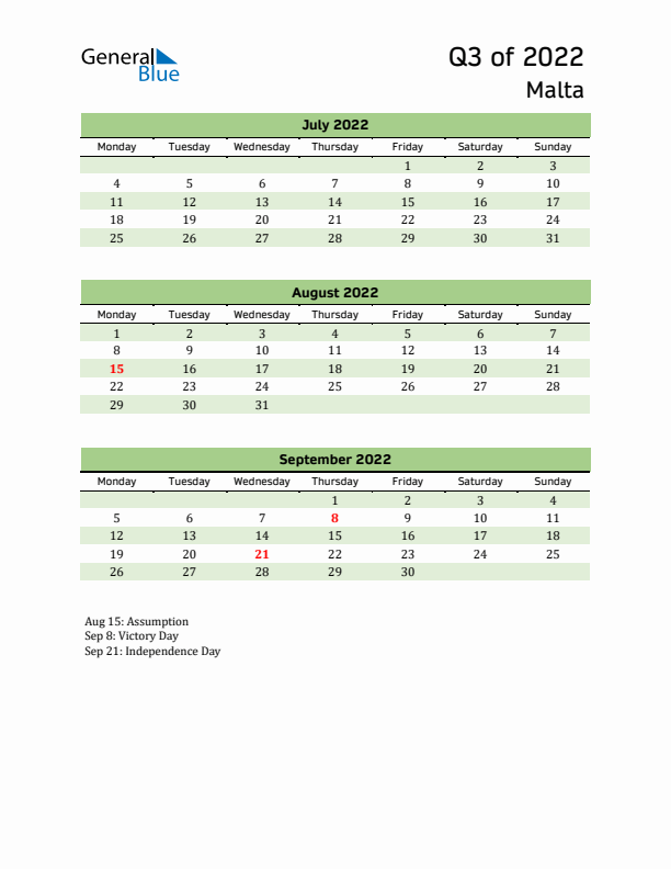 Quarterly Calendar 2022 with Malta Holidays