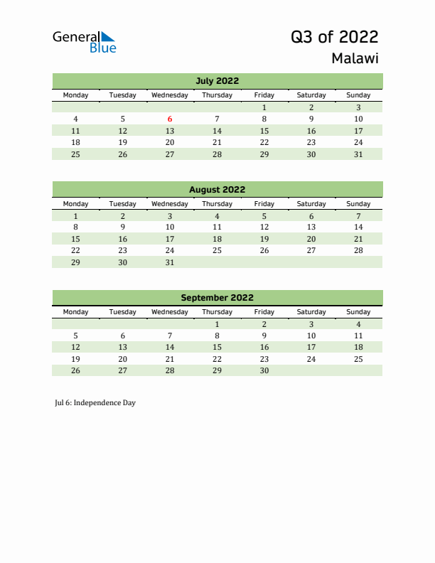 Quarterly Calendar 2022 with Malawi Holidays