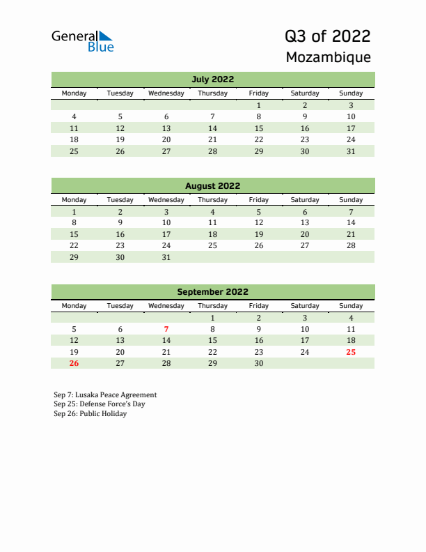 Quarterly Calendar 2022 with Mozambique Holidays