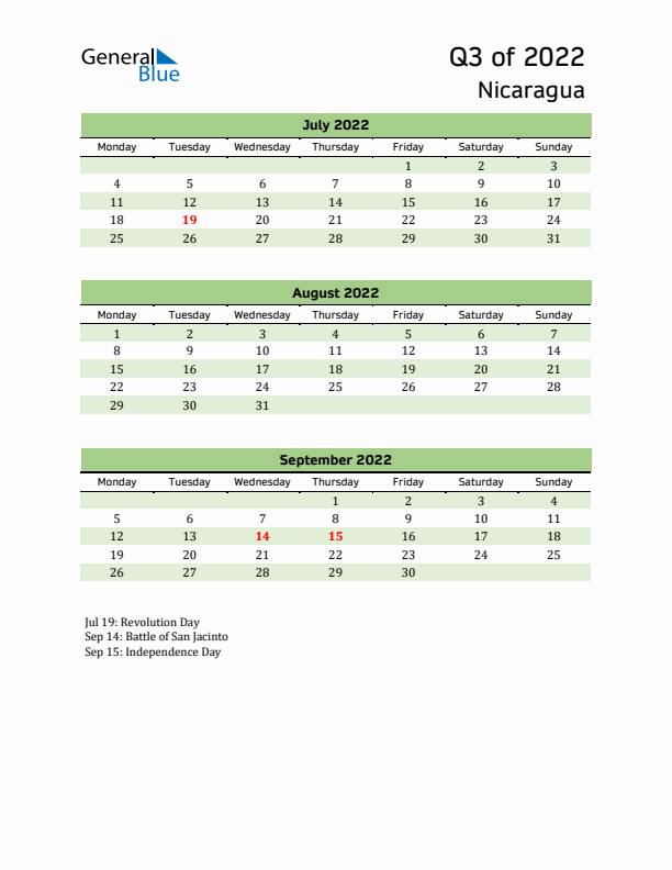 Quarterly Calendar 2022 with Nicaragua Holidays