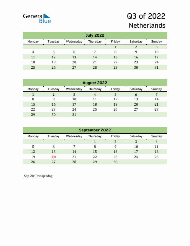 Quarterly Calendar 2022 with The Netherlands Holidays