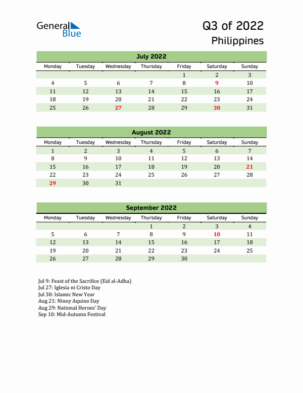 Quarterly Calendar 2022 with Philippines Holidays