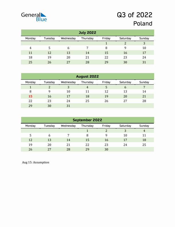 Quarterly Calendar 2022 with Poland Holidays