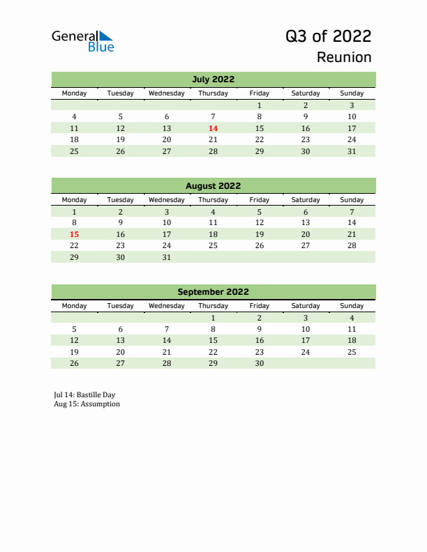 Quarterly Calendar 2022 with Reunion Holidays