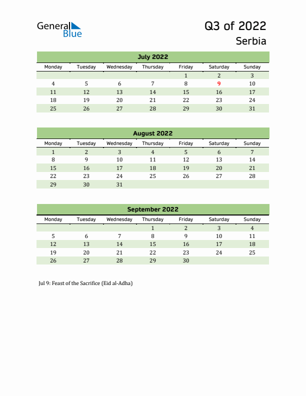 Quarterly Calendar 2022 with Serbia Holidays