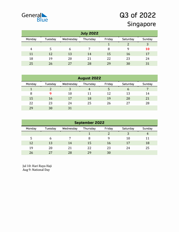 Quarterly Calendar 2022 with Singapore Holidays