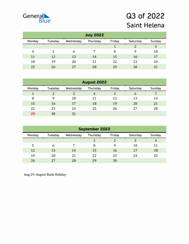 Quarterly Calendar 2022 with Saint Helena Holidays