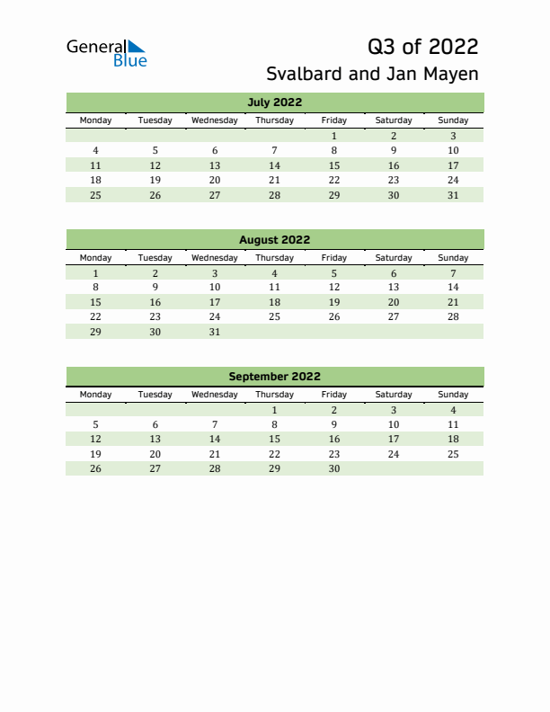 Quarterly Calendar 2022 with Svalbard and Jan Mayen Holidays