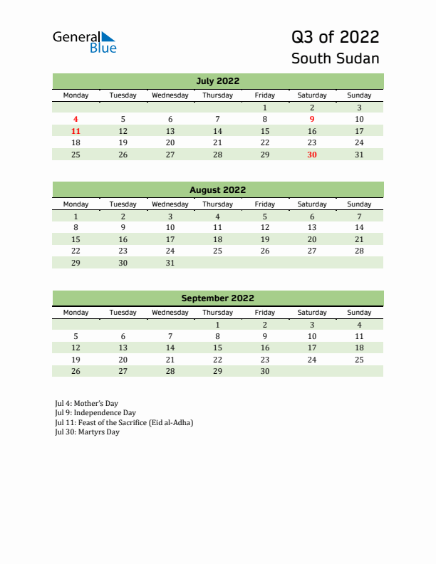 Quarterly Calendar 2022 with South Sudan Holidays